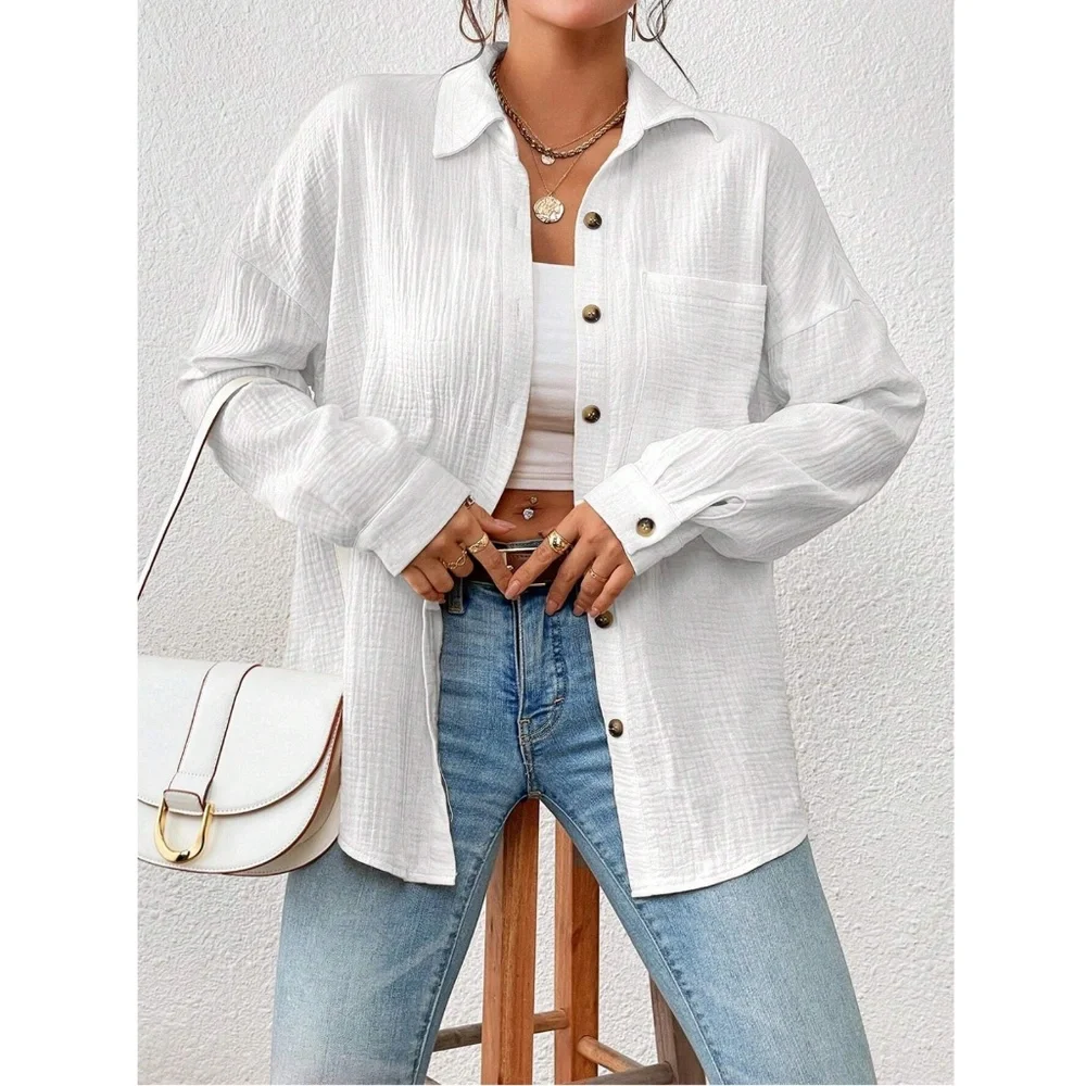 Cotton White Casual Shirt  Button Down Up Long Sleeve - Picture 6 of 16